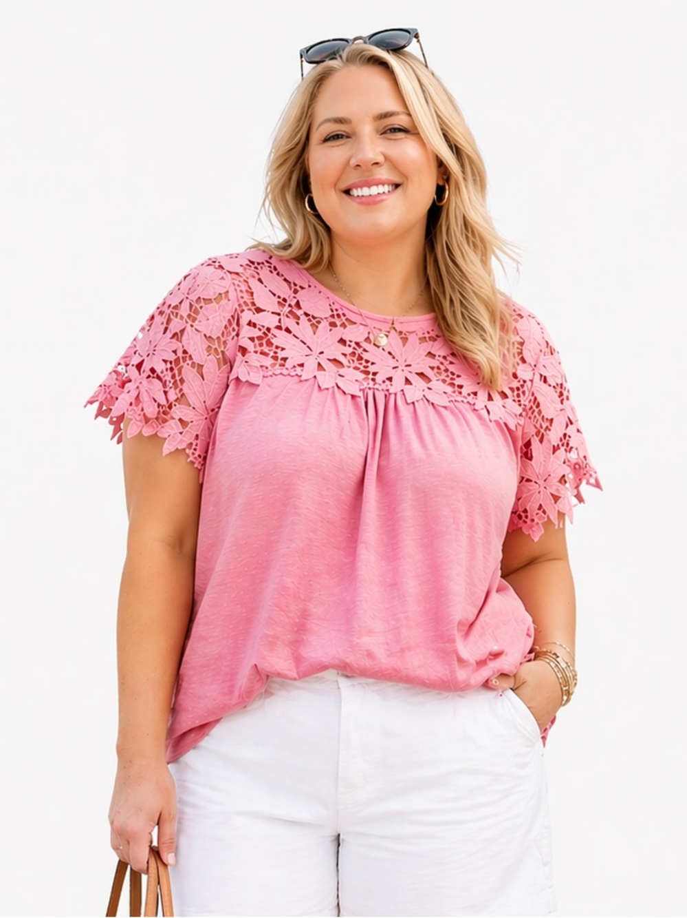 Tommy Hilfiger Coral Pink Lace Yoke Blouse XL Women’s Plus Floral Crochet Top